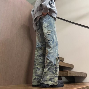 美式高街牛仔裤男女韩版潮流拼接破洞2025春季ins长裤RK2343-P61图片