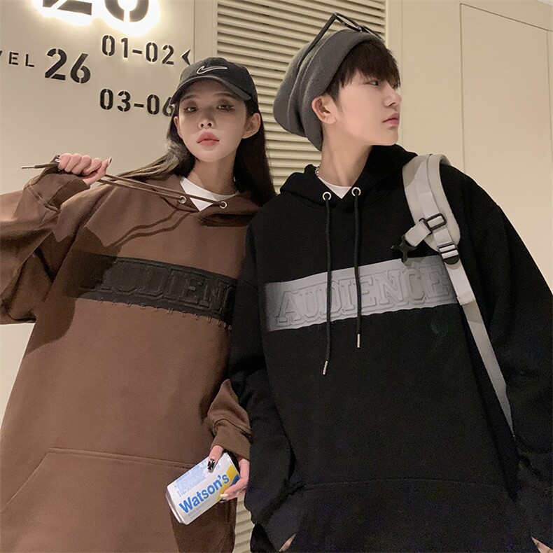 EQ190重工艺凹凸印花连帽套头卫衣男女春季学院风情侣装外套,男装卫衣,电商C306-1