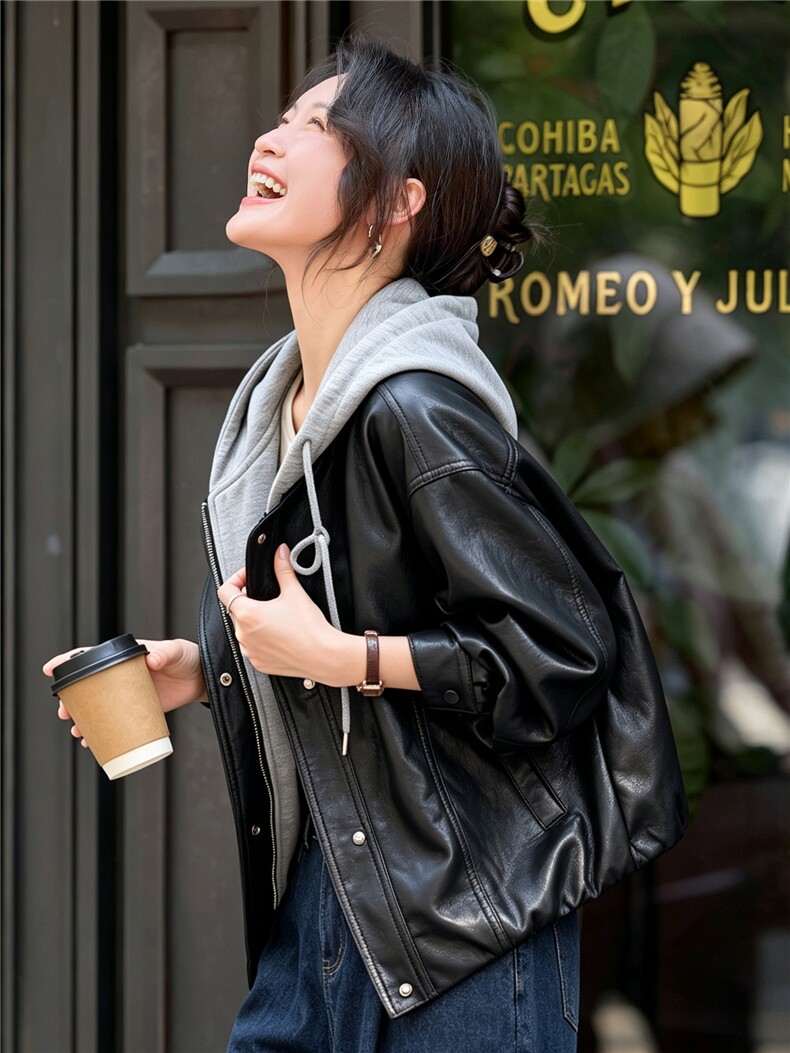 B款现货】秋季复古连帽短款皮衣女宽松百搭休闲小个子外套女2661,女装皮衣,潮流依族