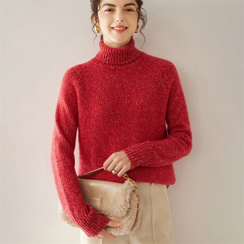 秋冬加厚高翻领夹花山羊绒衫女针织打底衫长袖毛衣保暖上衣插肩袖，女装羊绒衫，轩妮羊绒