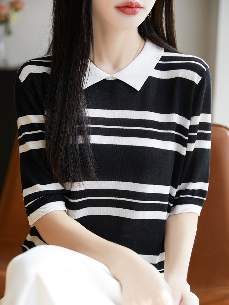 2025夏季翻领拼色条纹针织五分袖女POLO领薄款小个子正肩上衣T恤,女装T恤,大美人高端店