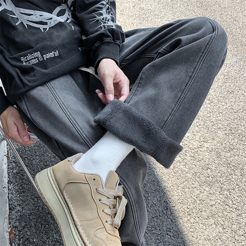 美式复古加绒牛仔裤男秋冬潮牌高街宽松直筒阔腿裤JN58-p42 绒50图片
