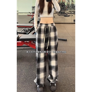特批P30无差价秋新港风美拉德格子裤复古休闲阔腿裤男女同款K1529图片