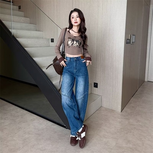 蓝色阔腿牛仔裤女高腰九分弯刀休闲百搭直筒裤女装ZQ3 P42图片