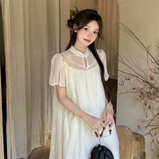 风蝴蝶刺绣立领盘扣网纱系绳收腰连衣裙L3400-P105-K165，女装连衣裙，2C276