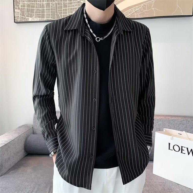 秋季高级感黑色条纹衬衫男士长袖商务休闲衬衣假两件衬衫Q803P43,男装衬衫,星座1116-2