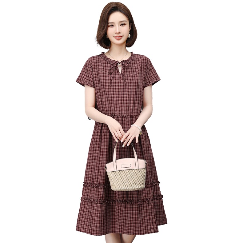 新款韩版格子宽松大码遮肉格子中长款棉麻连衣裙夏季薄款,女装连衣裙,江忆布依