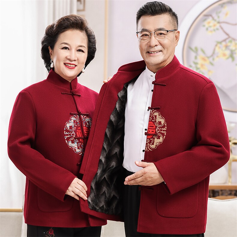 情侣装羊毛呢中老年加绒唐装外套男士风复古新中式双面呢唐装，男装民族服装，钱塘723