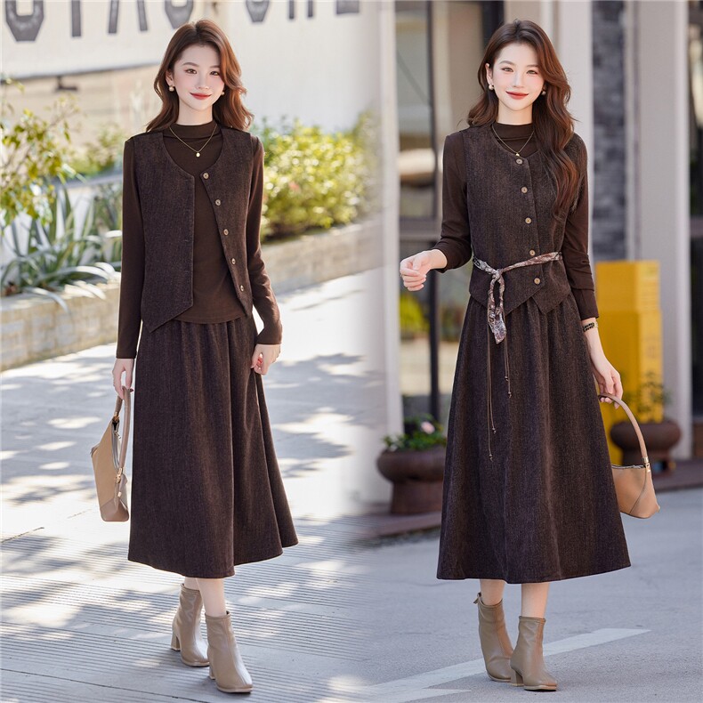 优雅气质针织马甲打底衫半身裙三件套女2025秋冬新款修身显瘦套装，女装套装/套裙，煊芮熙