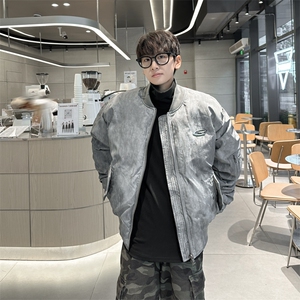 美式复古褶皱设计棉衣冬季加厚保暖设计感棒球服棉衣图片