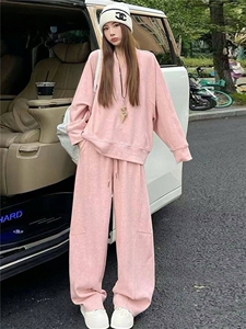 时尚休闲套装女秋季新款宽松洋气减龄纯色圆领卫衣阔腿长裤两件套图片