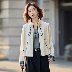 时尚休闲立领抽绳短外套女2025秋季格纹袖口拼接宽松显瘦夹克上衣，女装短外套，沁沁公主