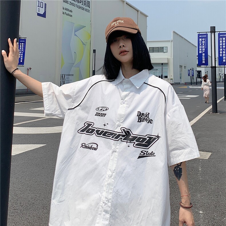 情侣装夏装新款机车字母印花织带短袖衬衫宽松男女港风潮D305P48,男装T恤,电商A335-1（原A458）