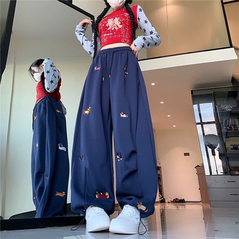 美式趣味腊肠狗刺绣弯刀卫裤女宽松慵懒风垂坠感阔腿休闲裤子，男装休闲裤，星座1210-1