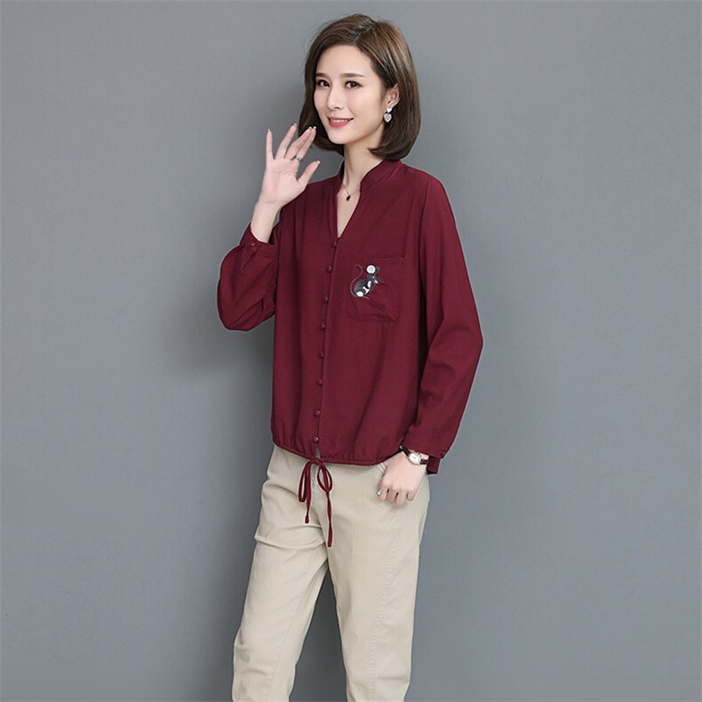 棉麻刺绣鼠年上衣2021年春季时尚长袖百搭,女装衬衫,独衣靓