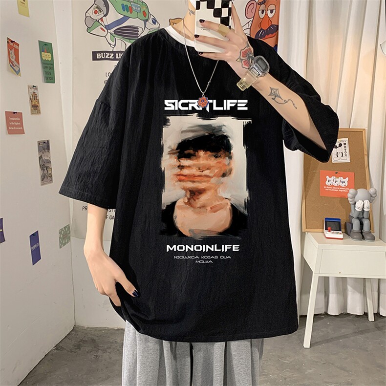 YT26213-P30 亚麻短袖t恤男大码五分袖男宽松七分袖 海报风图片