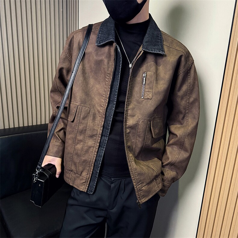 秋季新款假两件皮衣网红百搭修身皮夹克外套A368-P5809-P168，男装皮衣，电商A368