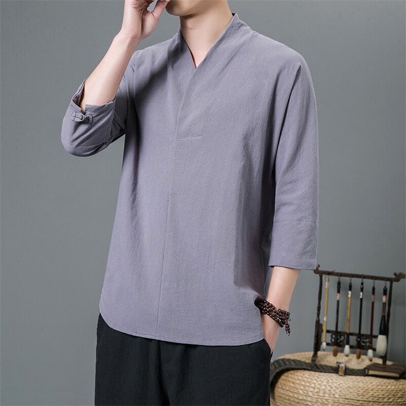 2025春夏风时尚棉麻七分袖V领男士休闲纯色短袖T恤TX88特p25，男装T恤，星座815（原A203）