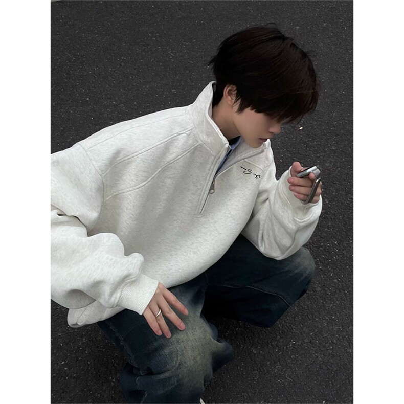 抖音得物高品质秋冬美式宽松结构设计拉链立领印花卫衣外套AW9102，女装短外套，电商A443