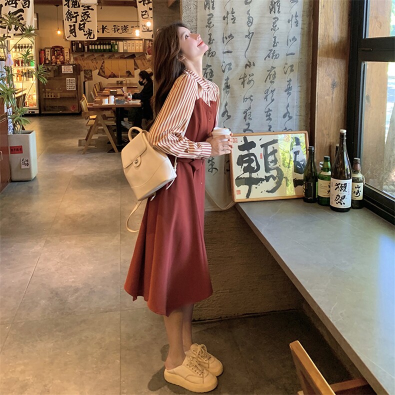2024年秋季新款条纹拼接假两件套连衣裙B2-206-2819-P165K248,女装连衣裙,浙宝220