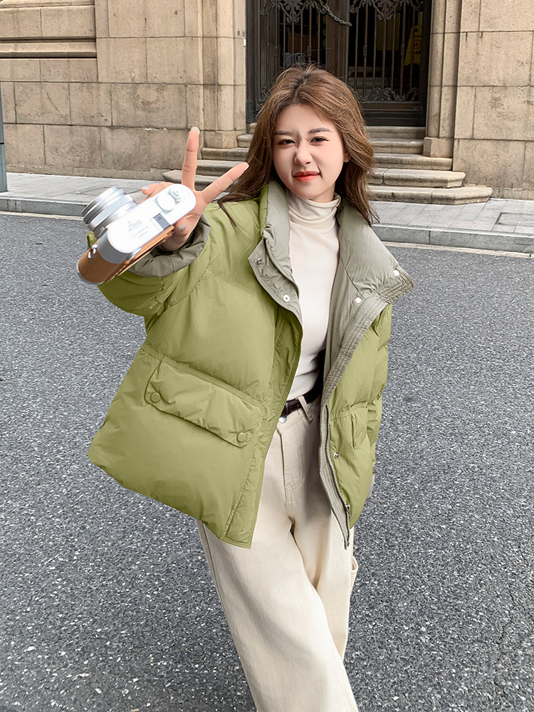 撞色拼接羽绒服外套女2025冬新款高级设计感白鸭绒短款立领面包服,女装羽绒服,浙宝192（原082）