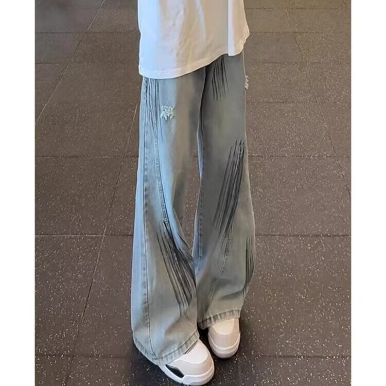 美式复古灰蓝色抓痕破洞牛仔裤轻奢小众炸街裤子ins高级感微喇裤图片