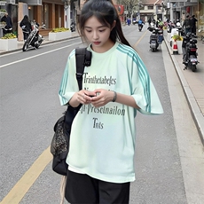 抖音得物品质二开240克宽松纯棉美式潮牌印花三条杠中性风短袖T恤，男装T恤，电商A486-1