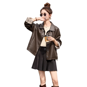 海宁皮衣女款2025新款春秋小个子翻领高级感卷袖PU机车皮夹克外套图片