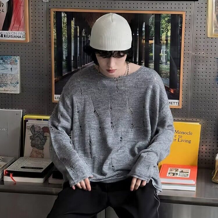 宽松慵懒破洞上衣防晒针织衫女小众毛衣秋季新款黑色镂空罩衫早秋,男装针织衫/毛衣,星座506A