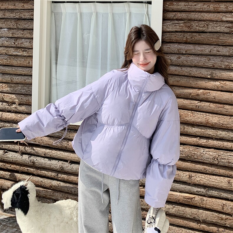 设计感紫色短款羽绒服女2024冬季新款小个子面包服白鸭绒加厚外套,女装羽绒服,红龙果