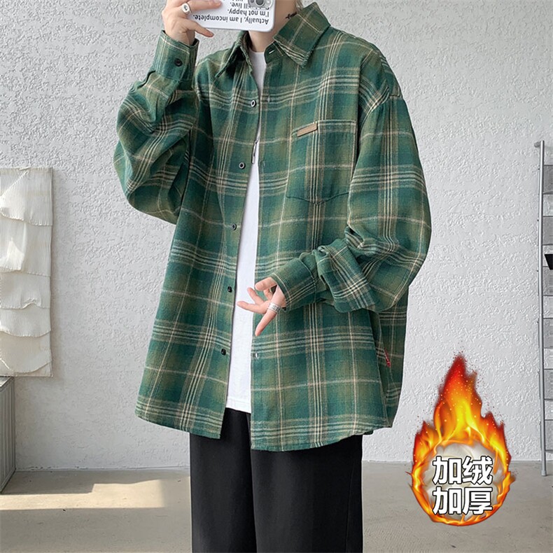 加绒衬衫男冬季新款港风宽松加厚大码磨毛格子长袖衬衣JR18-特P38，男装衬衫，星座214-3