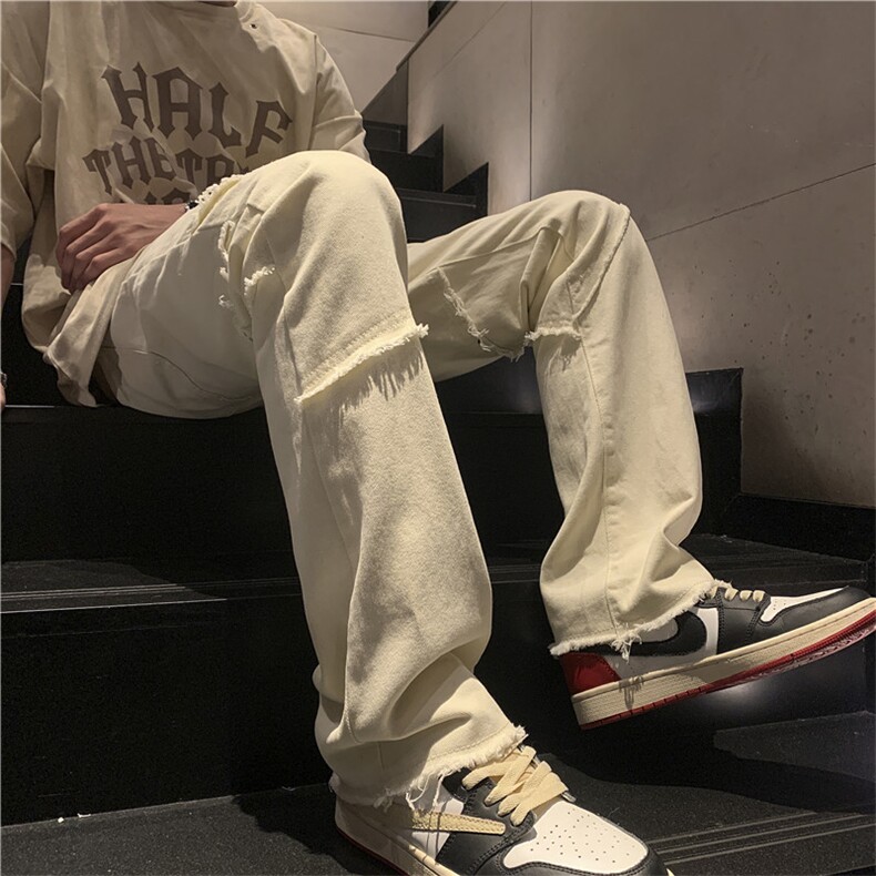 潮牌美式高街毛边牛仔裤男休闲黑色微喇叭长裤D0988P55,男装牛仔裤,电商D325