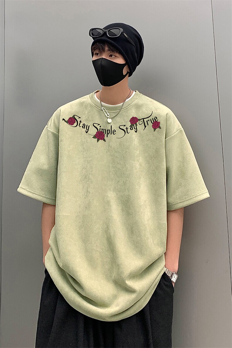 港风2025夏装麂皮绒情侣半袖上衣潮流男装夏季宽松短袖T恤S395P28,男装T恤,电商A233-1