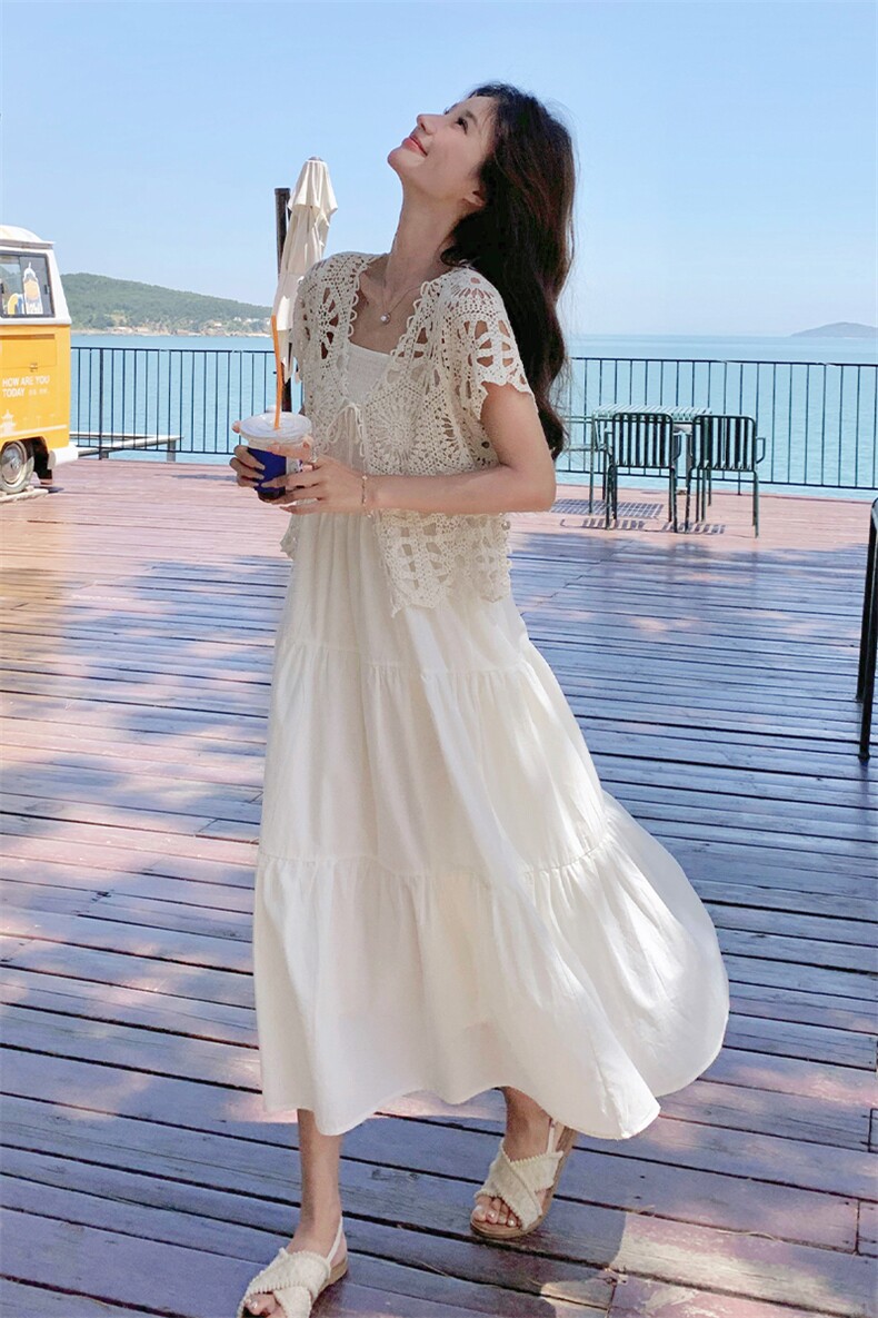清纯系松弛感穿搭镂空开衫配吊带连衣裙2025夏超好看小白长裙,女装连衣裙,2C269