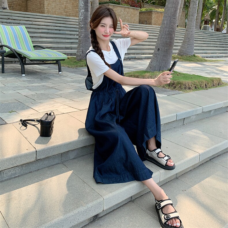 工装牛仔背带裤套装女2025夏季新款韩版时尚减龄休闲阔腿裤两件套,女装套装/套裙,2C133