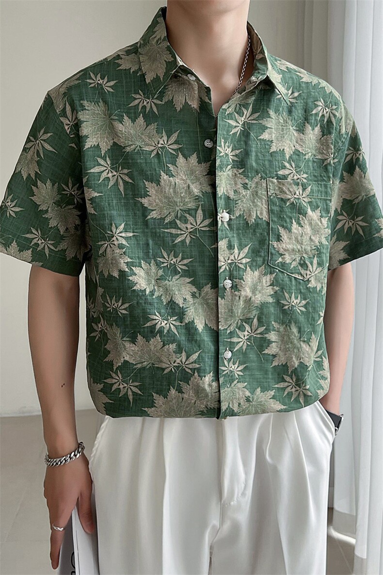 23轻熟风树叶花短袖衬衫男装宽松衬衣TZ98P5078,男装T恤,电商B413