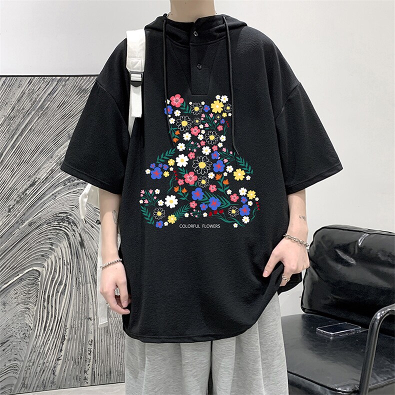 LD54206-P45连帽短袖t恤男大码胖子带帽五分袖中袖大皂风,男装T恤,电商A040