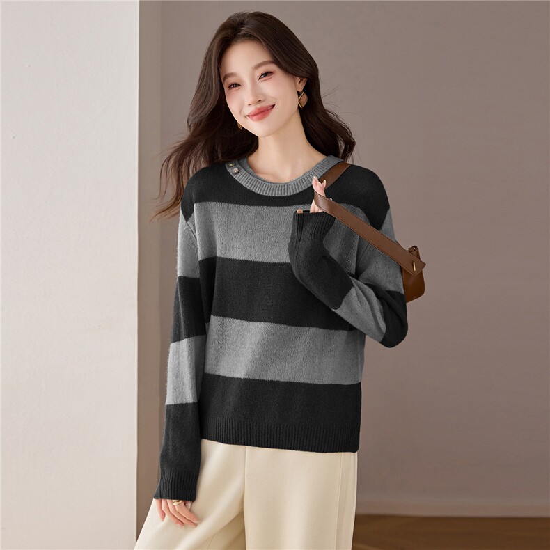 100%细羊毛慵懒针织衫春秋打底长袖女条纹大码宽松亲肤蝙蝠袖毛衣，女装羊毛衫，艾米
