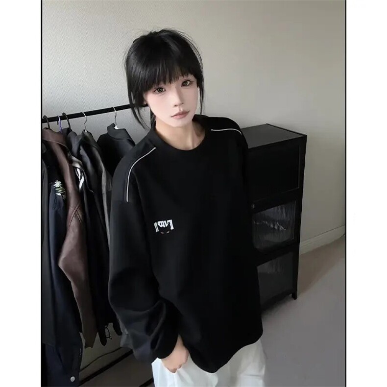 美式设计感圆领卫衣男秋季休闲简约恶魔猫眼字母印花日系长袖T恤,男装T恤,星座506A