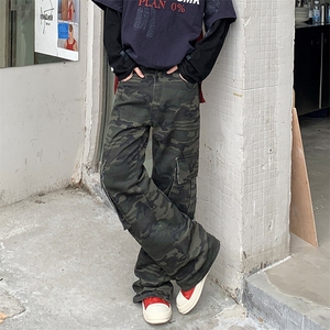 迷彩工装牛仔裤2025新款美式复古直筒阔腿军绿宽松裤子YD6602-P55图片