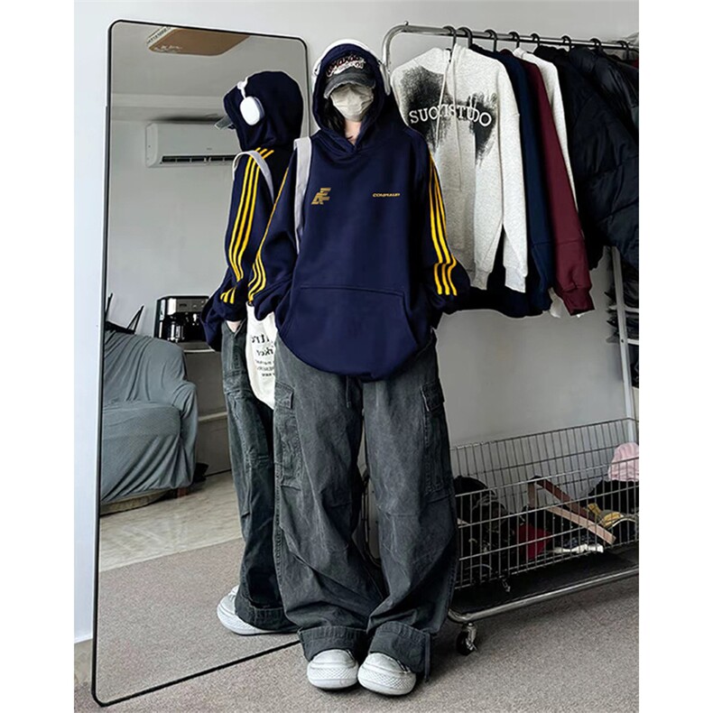 抖音得物高品质480克全棉加绒加厚宽松织带连帽印花卫衣A2305,男装卫衣,电商A443