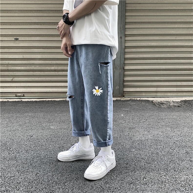 夏季港风纯色百搭破洞牛仔裤潮男阔脚裤九分裤KB2034,男装牛仔裤,星座1008