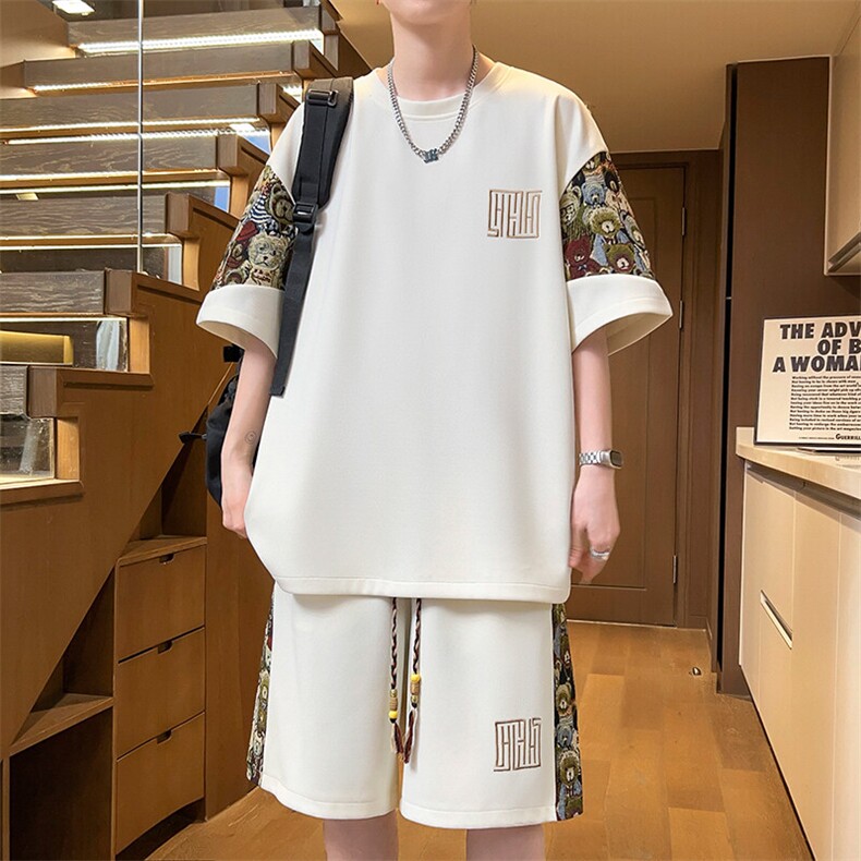 夏季拼接T恤两件套潮流短裤刺绣休闲运动套装男A266-TZ8807-P47,男装T恤,电商A266