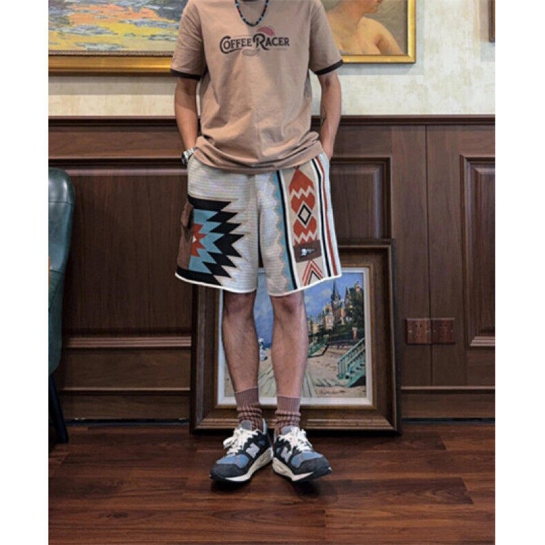 复古纳瓦霍针织短裤夏季潮牌刺绣几何五分裤卫裤子男KD2235,男装休闲裤,星座1116A（原606A-3）