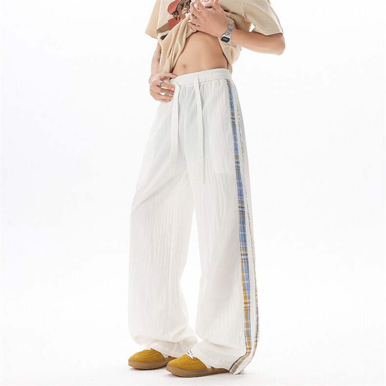 D206-1K9141P558XL-M拖地冰丝阔腿裤拼接山本裤男慵懒时尚格子裤，男装休闲裤，电商D206-1