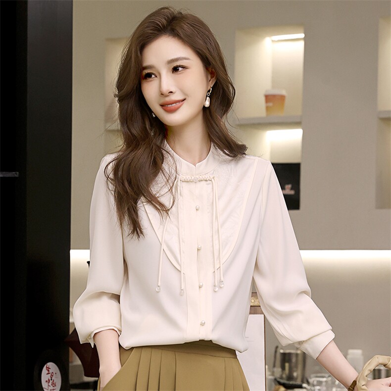 2024春季新款优雅珍珠扣纯色长袖衬衫女修身显瘦百搭上衣,女装衬衫,梦芯尔