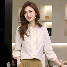 2024春季新款优雅珍珠扣纯色长袖衬衫女修身显瘦百搭上衣，女装衬衫，梦芯尔