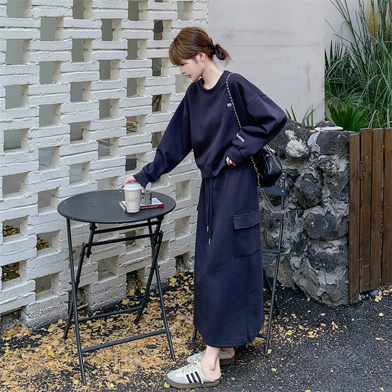 藏青色休闲时尚卫衣套装裙女2025春季新款韩系慵懒风半身裙两件套,女装套装/套裙,C位