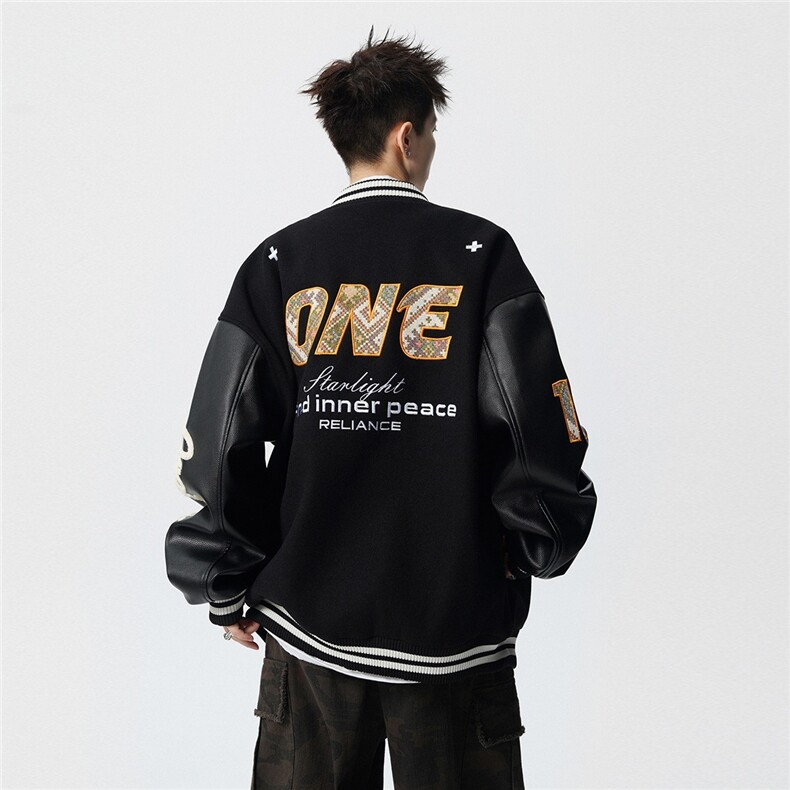 美式复古编织贴布夹克男秋季潮情侣棒球服潮牌拼接撞色外套,男装夹克,星座715-4