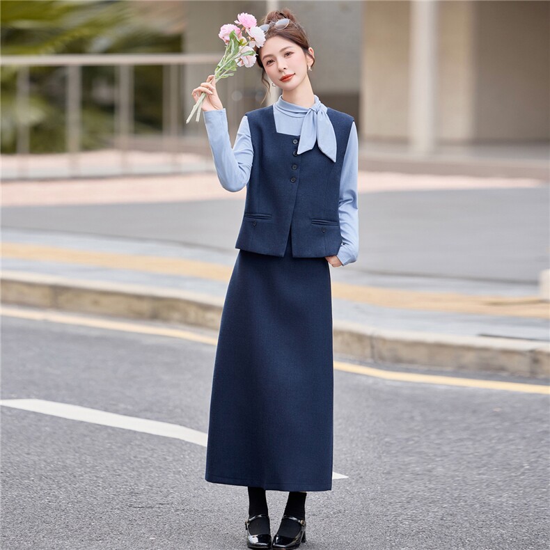 轻熟风通勤职业套装裙女2025秋季蝴蝶结气质衬衫马甲半身裙三件套,女装套装/套裙,意芙